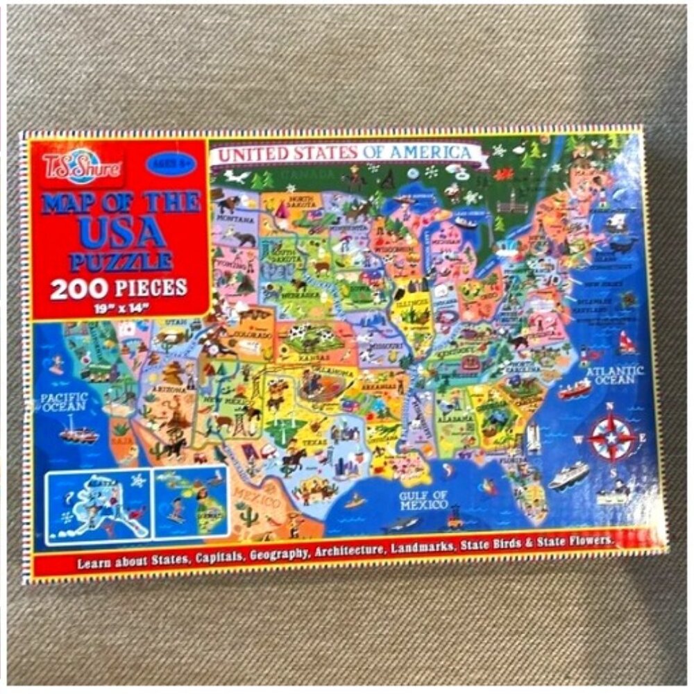 T.S. Shure Map of The USA Puzzle 200 Pieces 19”x 14” 2017 Illustrated Facts